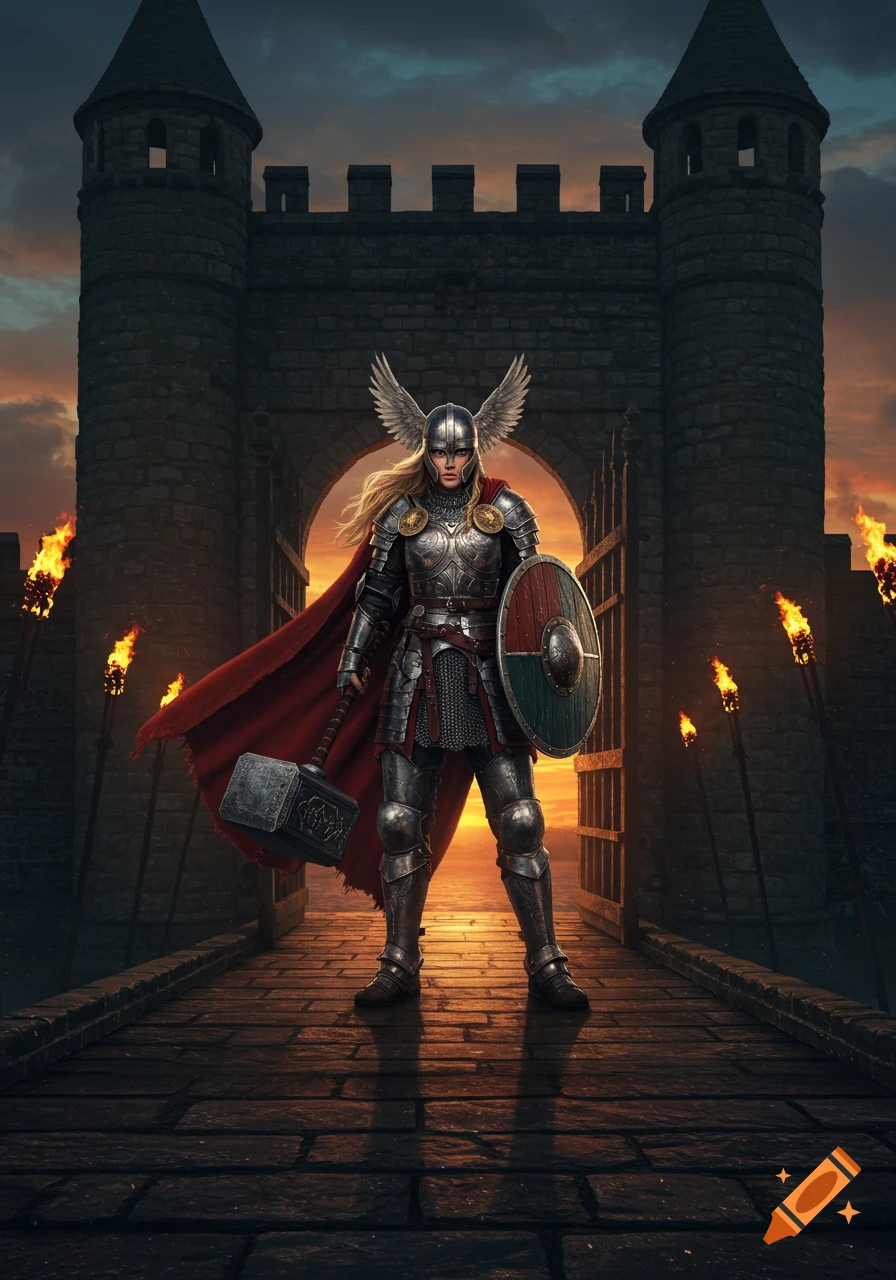A female warrior in full plate armor and a winged helmet, holding a large hammer and shield, stands on a stone drawbridge before a castle gate at sunset, with torches flanking the entrance.