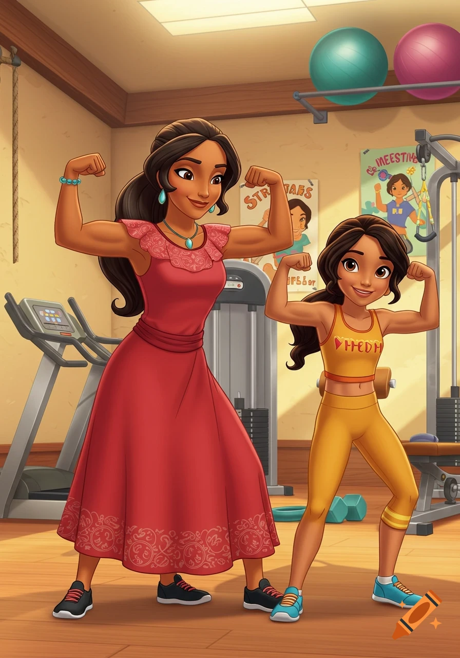 Cartoon of an adult woman and a young girl, resembling Elena of Avalor characters, flexing their biceps in a gym with exercise equipment in the background.