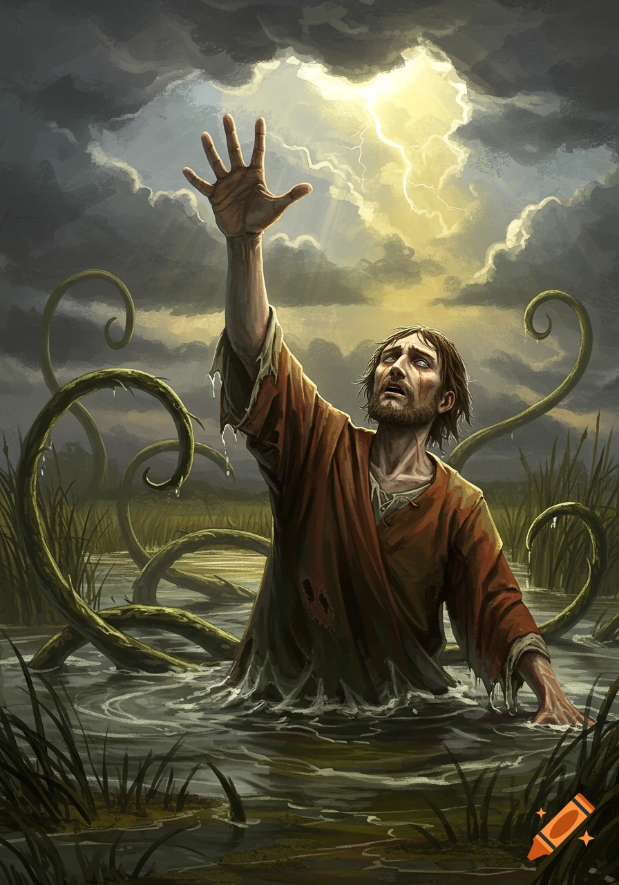 A distressed man sinks in a swamp under a stormy, lightning-filled sky, reaching a hand upwards. Illustrated.