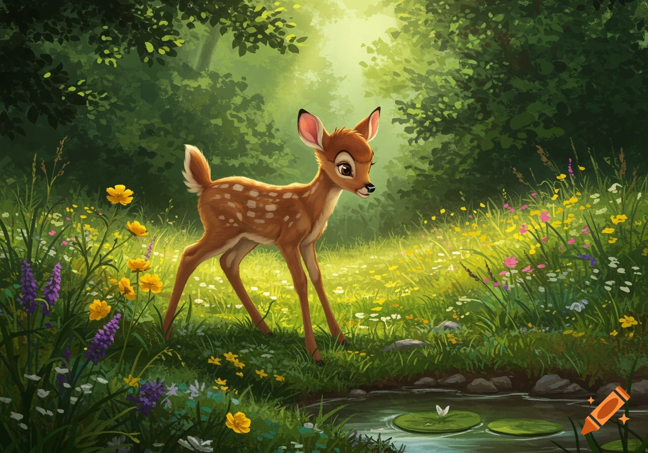 A cute cartoon fawn stands in a vibrant forest clearing by a small pond, surrounded by colorful wildflowers and lush greenery.