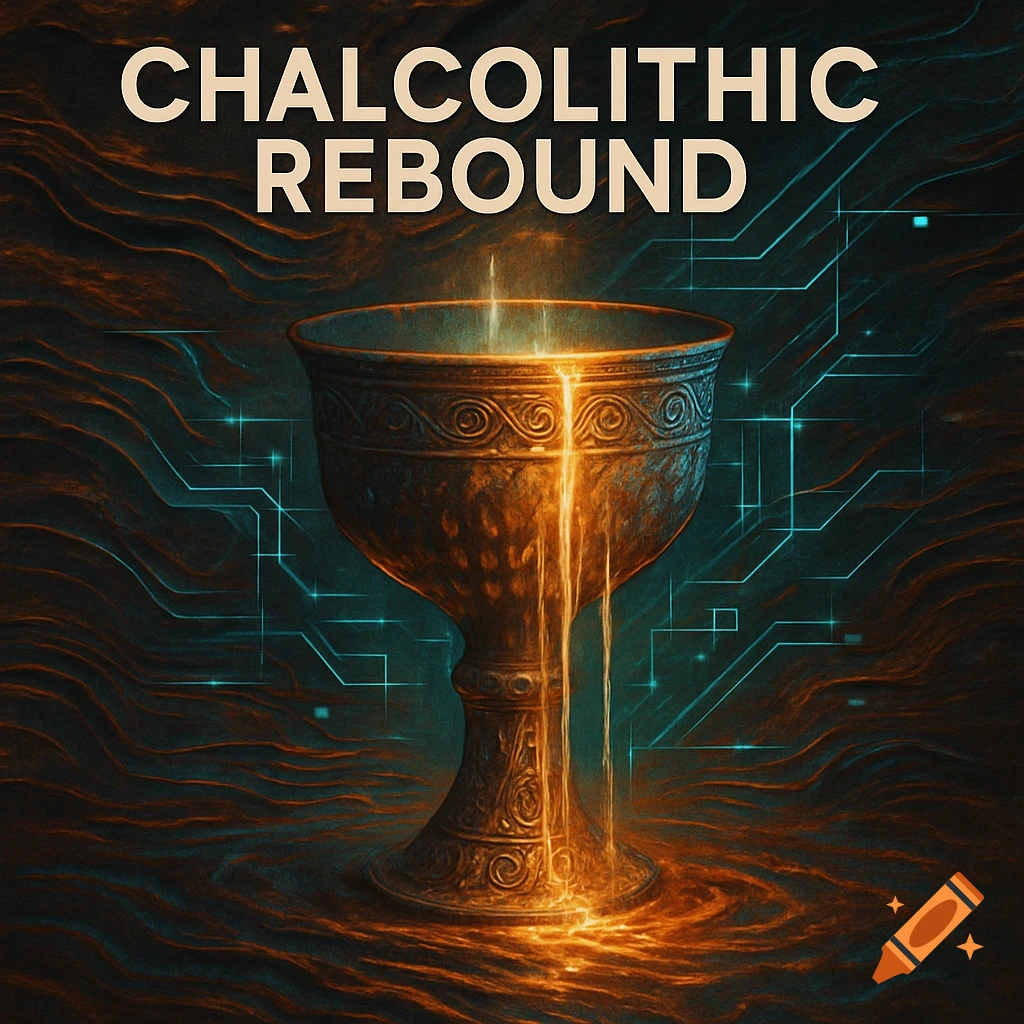 Ornate metal chalice overflowing with glowing orange liquid against a dark, textured background with blue circuit lines, title 'CHALCOLITHIC REBOUND'.