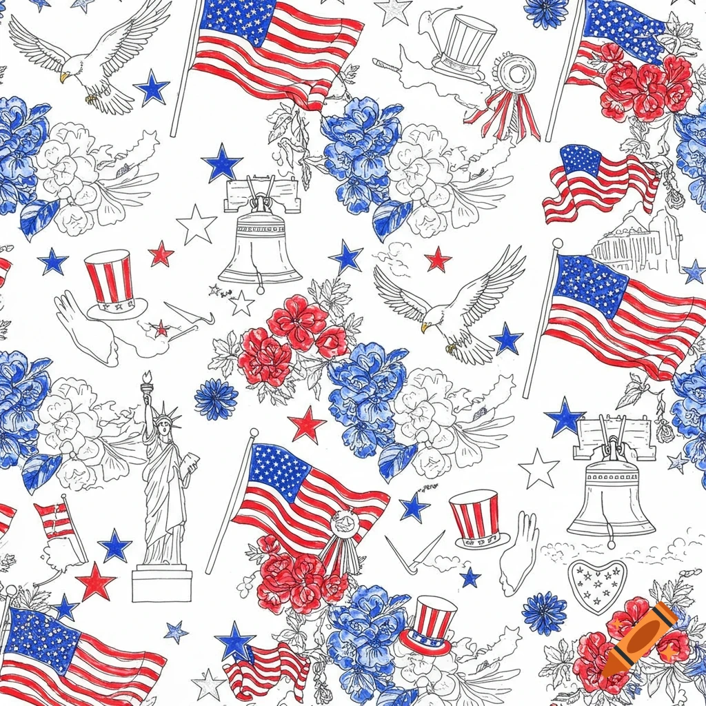 Seamless coloring page pattern with patriotic US symbols like flags, eagles, Liberty Bell, Statue of Liberty, top hats, and flowers.