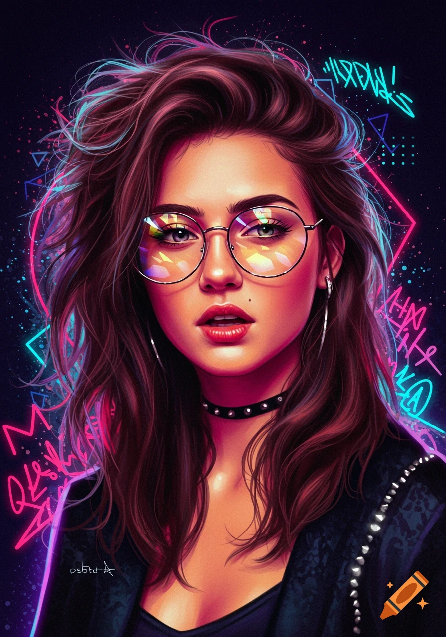 Digital art portrait of a woman with long brown hair, round glasses, and a choker, against a dark background with pink and blue neon lights and graffiti.