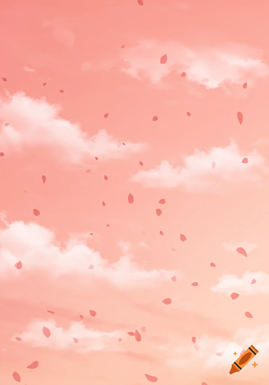 Soft pink sky with scattered white clouds and numerous dark pink petals falling.