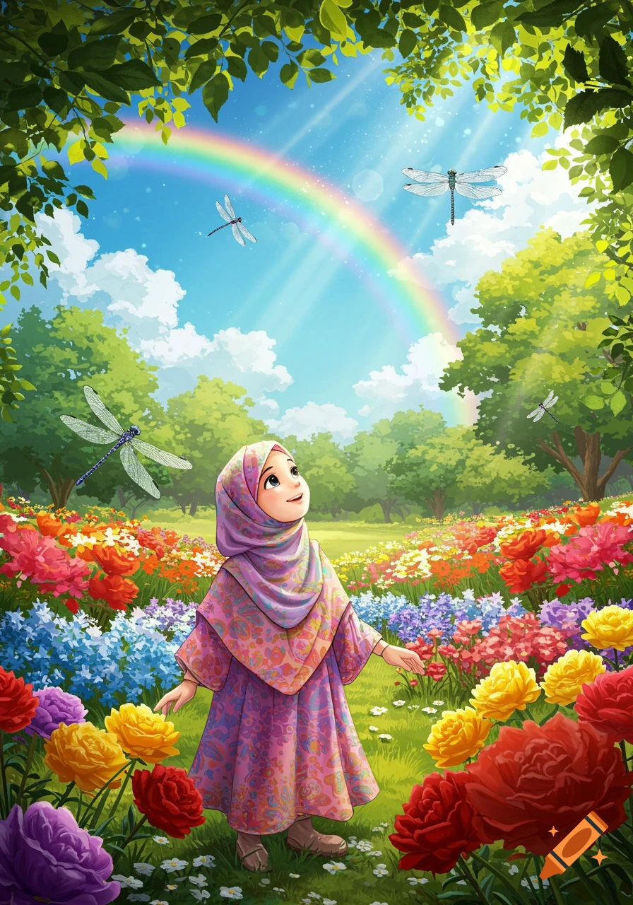 A happy girl in a purple hijab and dress looks up at a rainbow in a vibrant flower garden with dragonflies, in a bright, colorful illustration.