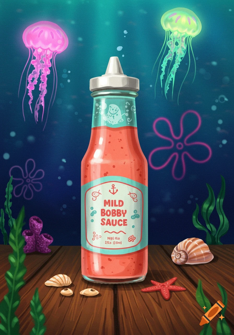 An animated bottle of 'Mild Bobby Sauce' sits on a wooden dock underwater, surrounded by glowing jellyfish, seaweed, and seashells.