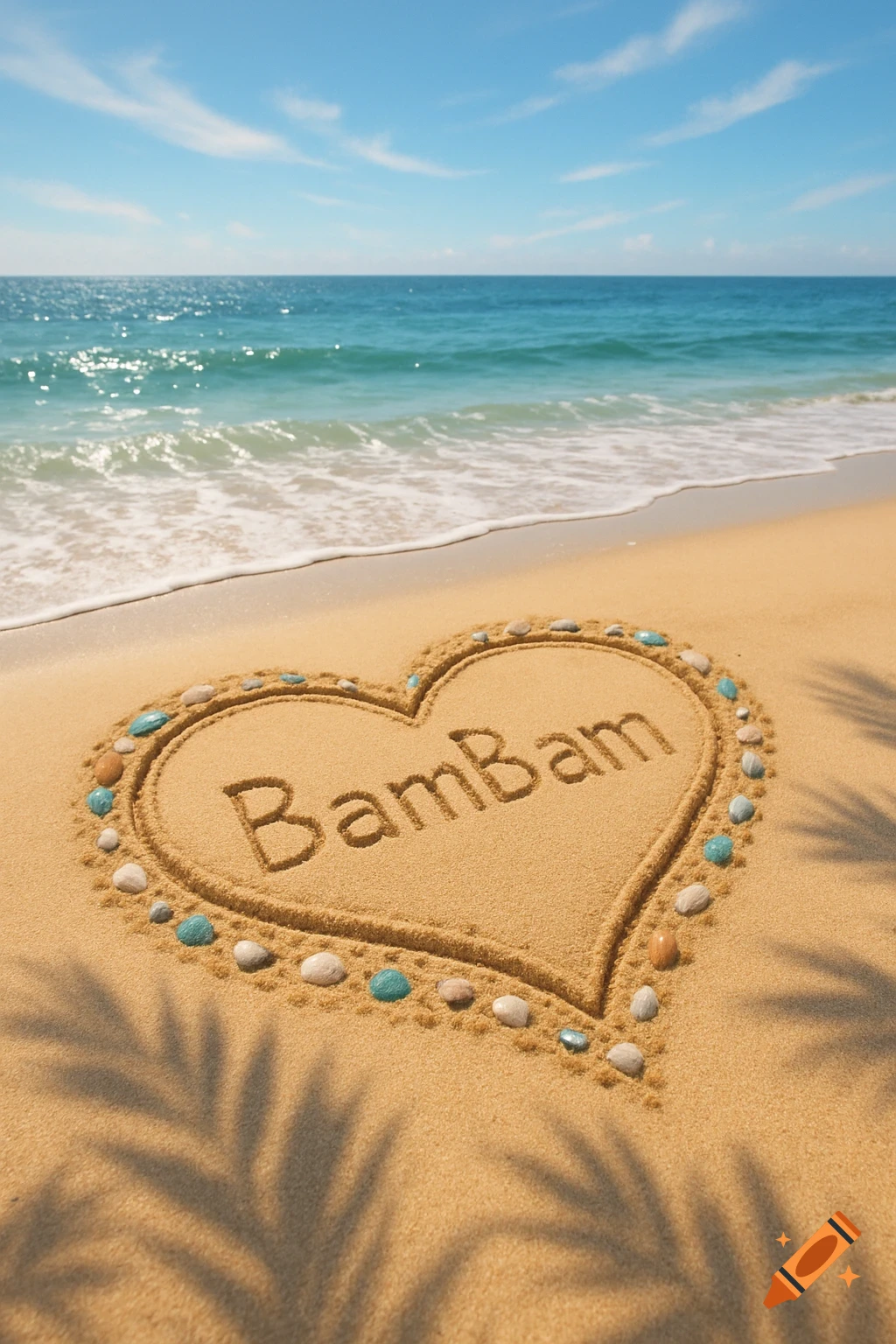 A heart drawn in sandy beach, with 'BamBam' inscribed and decorative pebbles, palm shadows, and ocean waves.