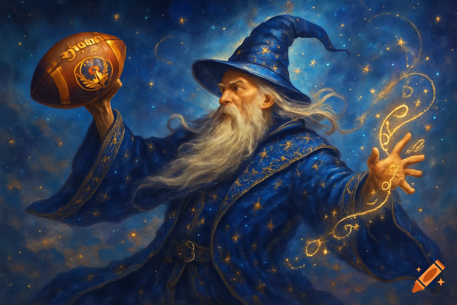 A majestic wizard in a blue, star-spangled robe holds an American football and casts a golden spell against a cosmic, starry background.