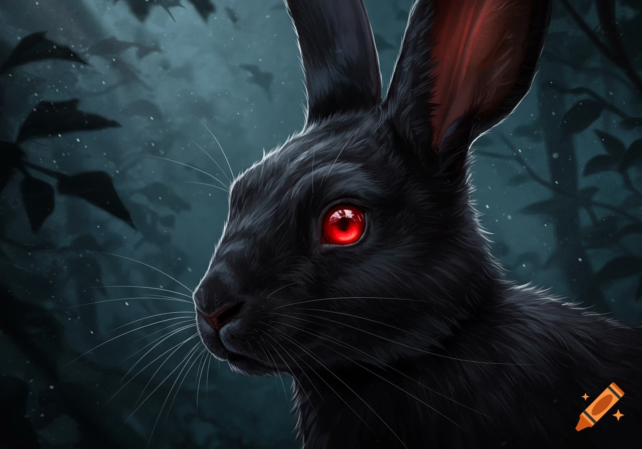 Close-up, side profile of a dark rabbit with glowing red eyes in a moody, forested setting; digital illustration.