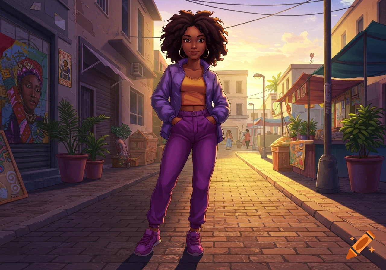 A black girl with curly hair in purple and orange clothing stands on a busy street at sunset in an illustrated style.
