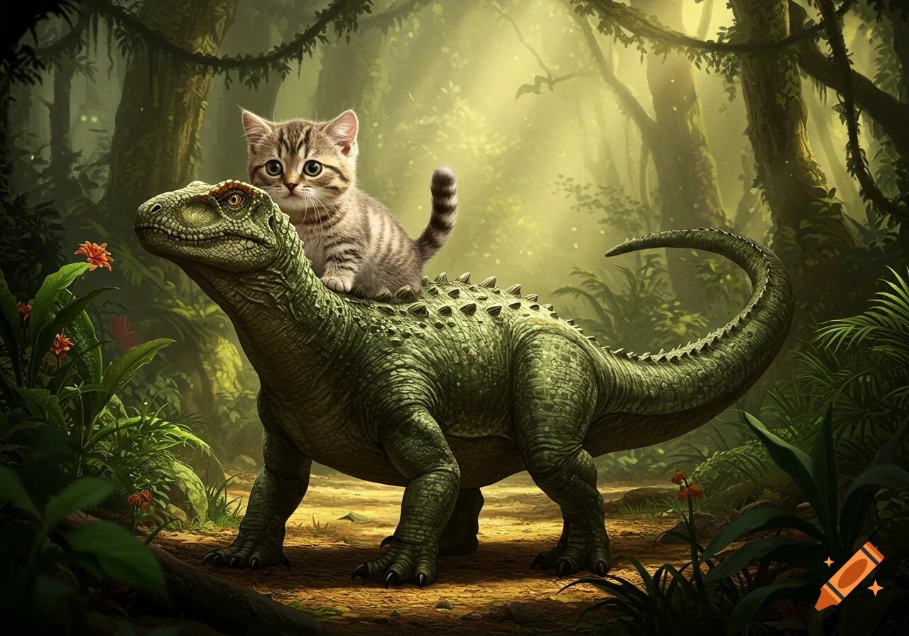 A cute tabby kitten rides on the back of a large green dinosaur through a lush, sunlit jungle.