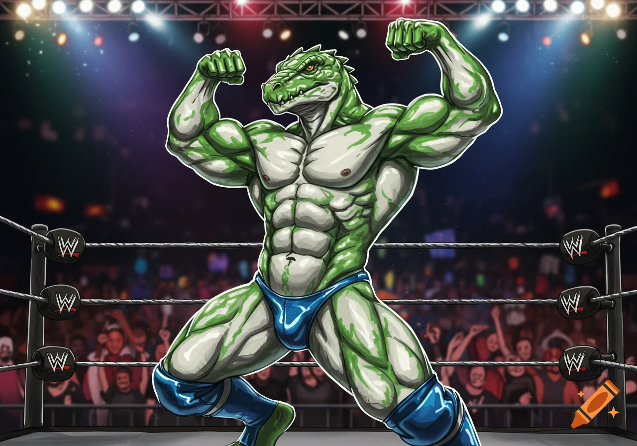 A muscular green and white lizardman wrestler flexes triumphantly in a spotlighted wrestling ring, surrounded by a cheering crowd.