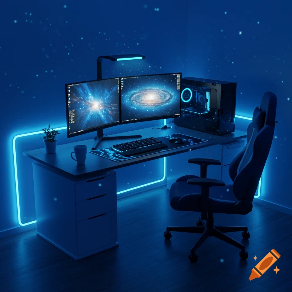 A vibrant blue-lit gaming setup with a desk, dual monitors displaying galaxy images, a PC tower, keyboard, mouse, and a gaming chair, all outlined by neon lights.