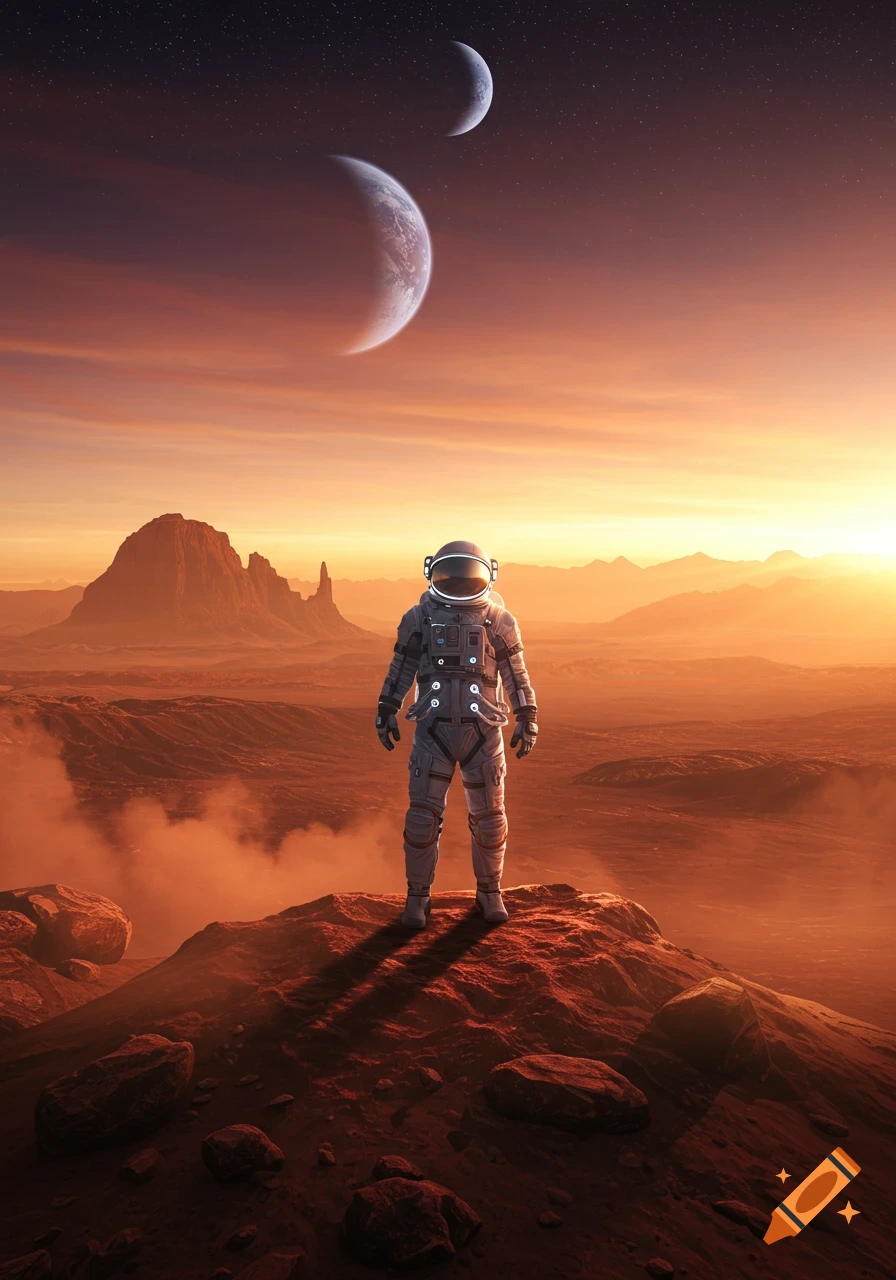 Photorealistic image of an astronaut standing on a rocky red Mars landscape with two moons in a sunset sky.