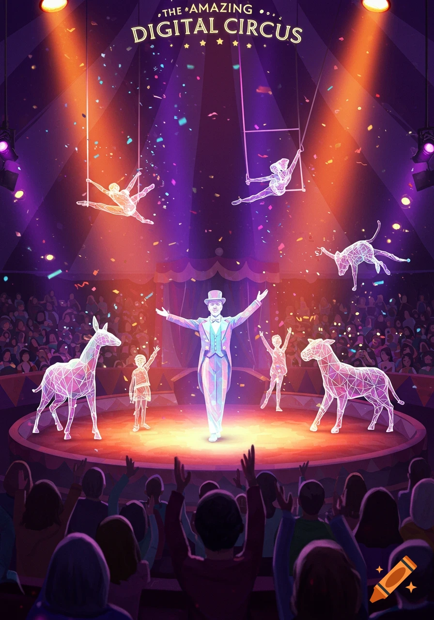A vibrant digital circus performance with a ringmaster, geometric performers, animals, and an applauding audience, under the text "THE AMAZING DIGITAL CIRCUS".