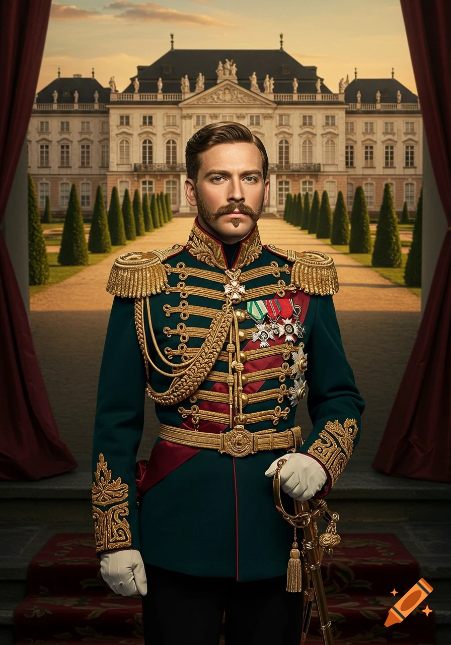 A man in an ornate historical military uniform with gold trim stands on a red carpet in front of a grand palace and tree-lined path.