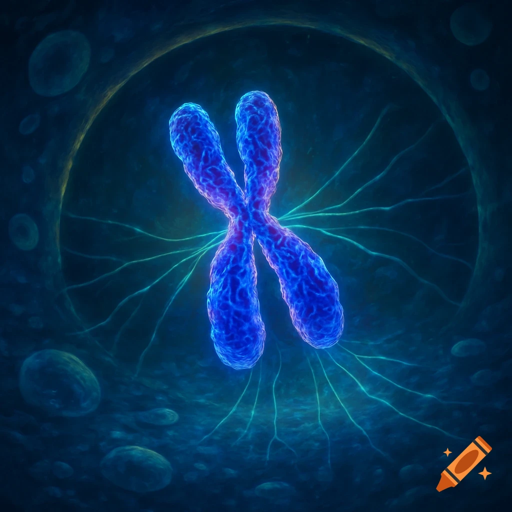 A glowing blue and purple chromosome, with radiating green spindle fibers, within a dark microscopic cellular environment.