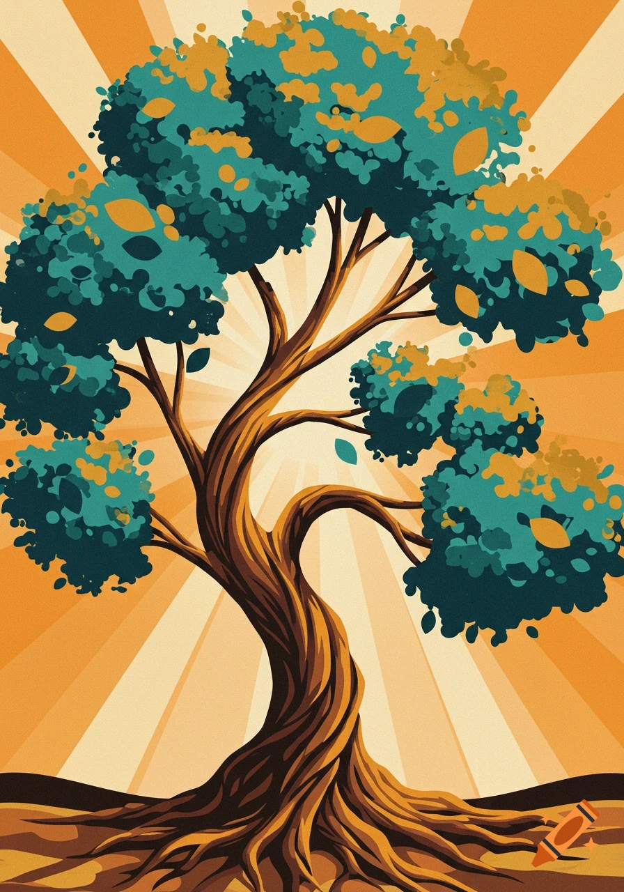 Stylized illustration of a vibrant tree with a twisted trunk and roots against an orange sunburst background.