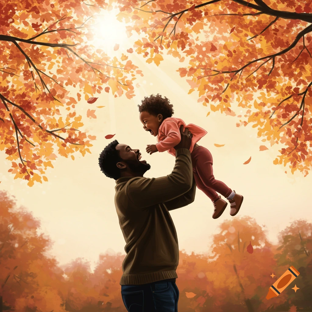 A Black father holds his laughing child in the air under bright sun and autumn leaves, in a vibrant, warm illustration.
