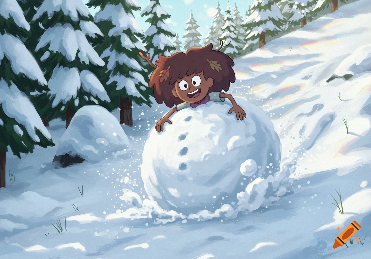 Cartoon character Anne Boonchuy from Amphibia rolling in a giant snowball down a snowy hill surrounded by pine trees.