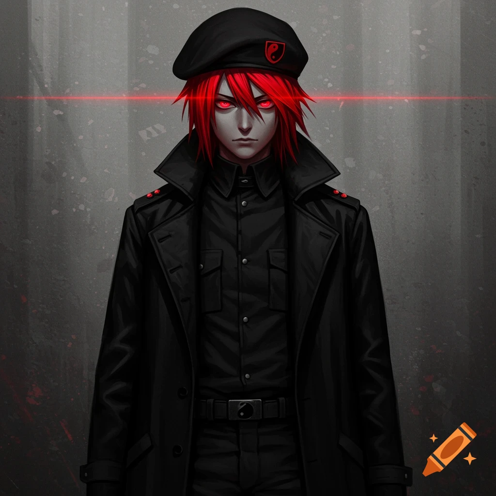 Anime character with red hair, glowing red eyes, black trenchcoat, and beret with yin-yang symbol against a grey wall.