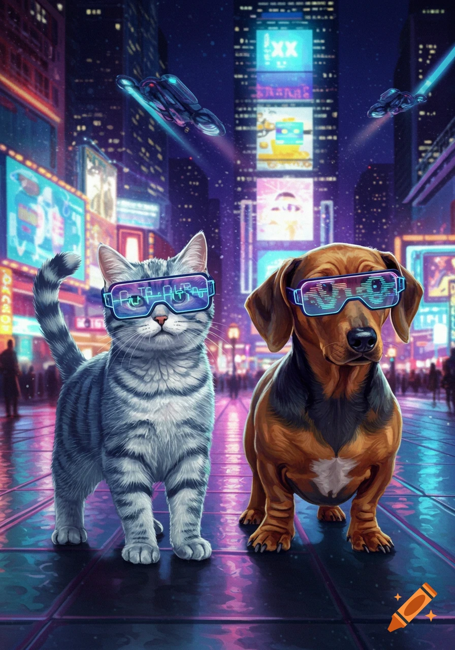 A cyberpunk cat and a dachshund wearing glowing VR glasses stand on a wet street in a neon-lit futuristic city.