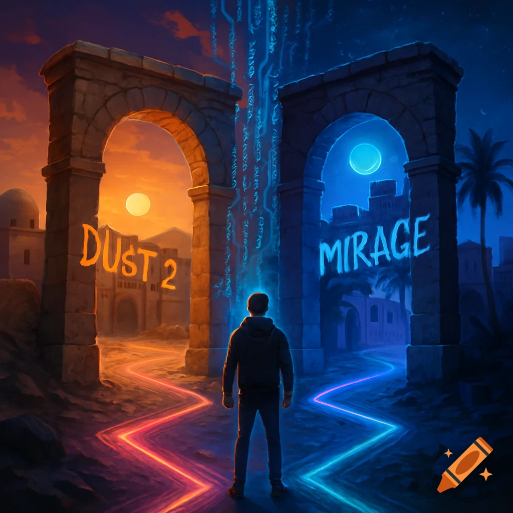 A man stands between two glowing paths, one leading to 'DUST 2' (orange) and the other to 'MIRAGE' (blue), through stone arches.
