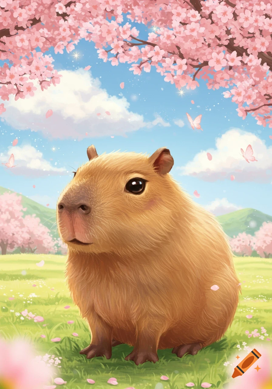 A cute illustrated capybara sits in a grassy field with pink cherry blossoms blooming overhead and petals falling, under a blue sky.
