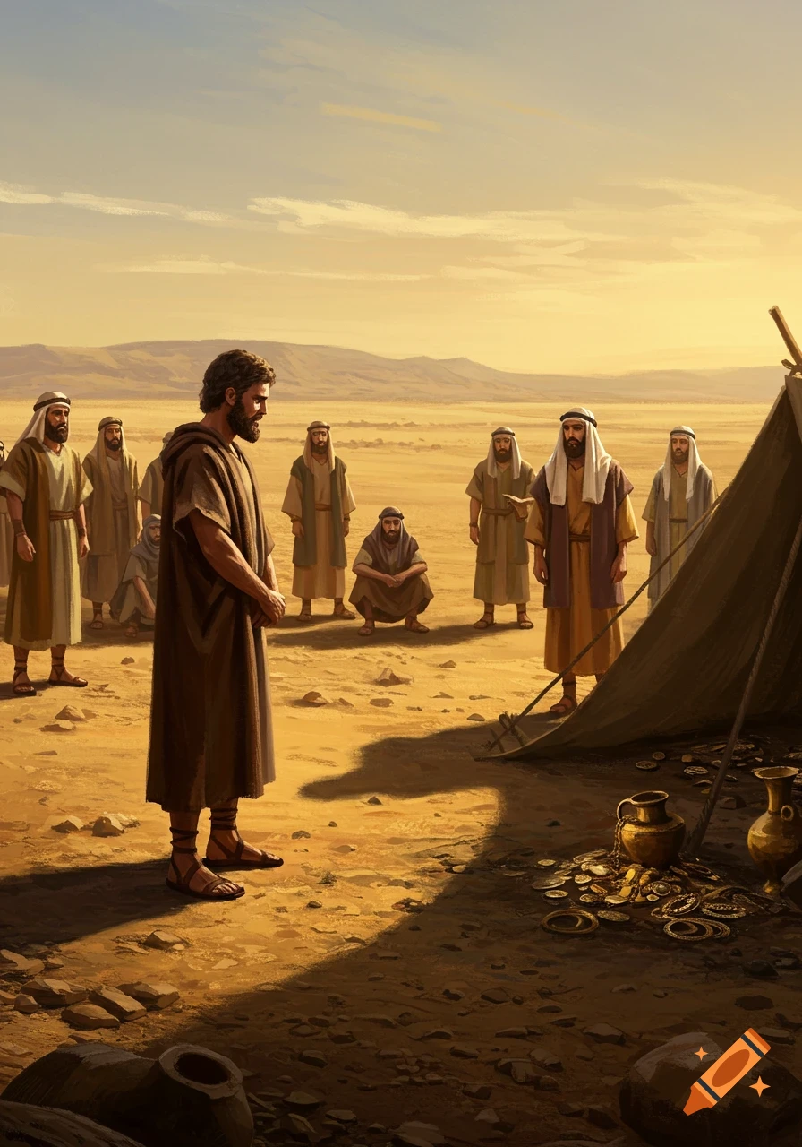 Illustrated scene of men in ancient robes standing in a vast desert, a tent with scattered gold and pottery nearby.