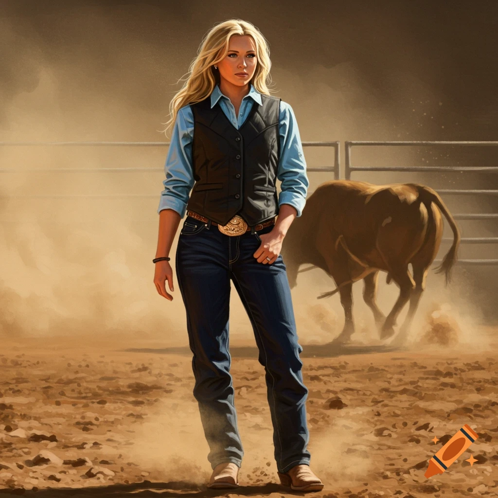 A blonde woman in a black vest and blue jeans stands in a dusty rodeo arena with a bull in the background.