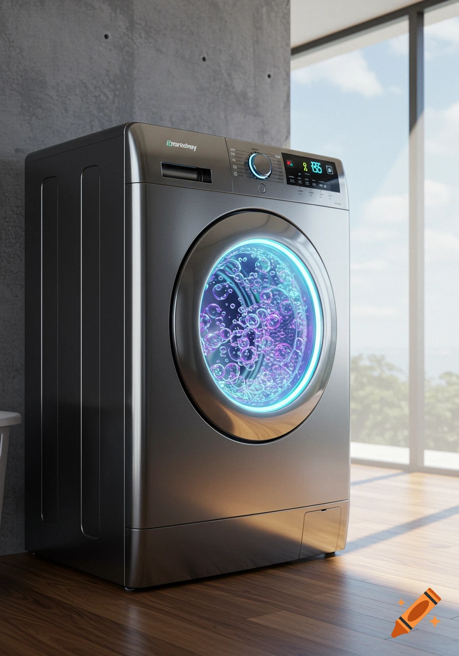 A modern, metallic washing machine with glowing blue and purple bubbles inside, set in a bright room with a large window.