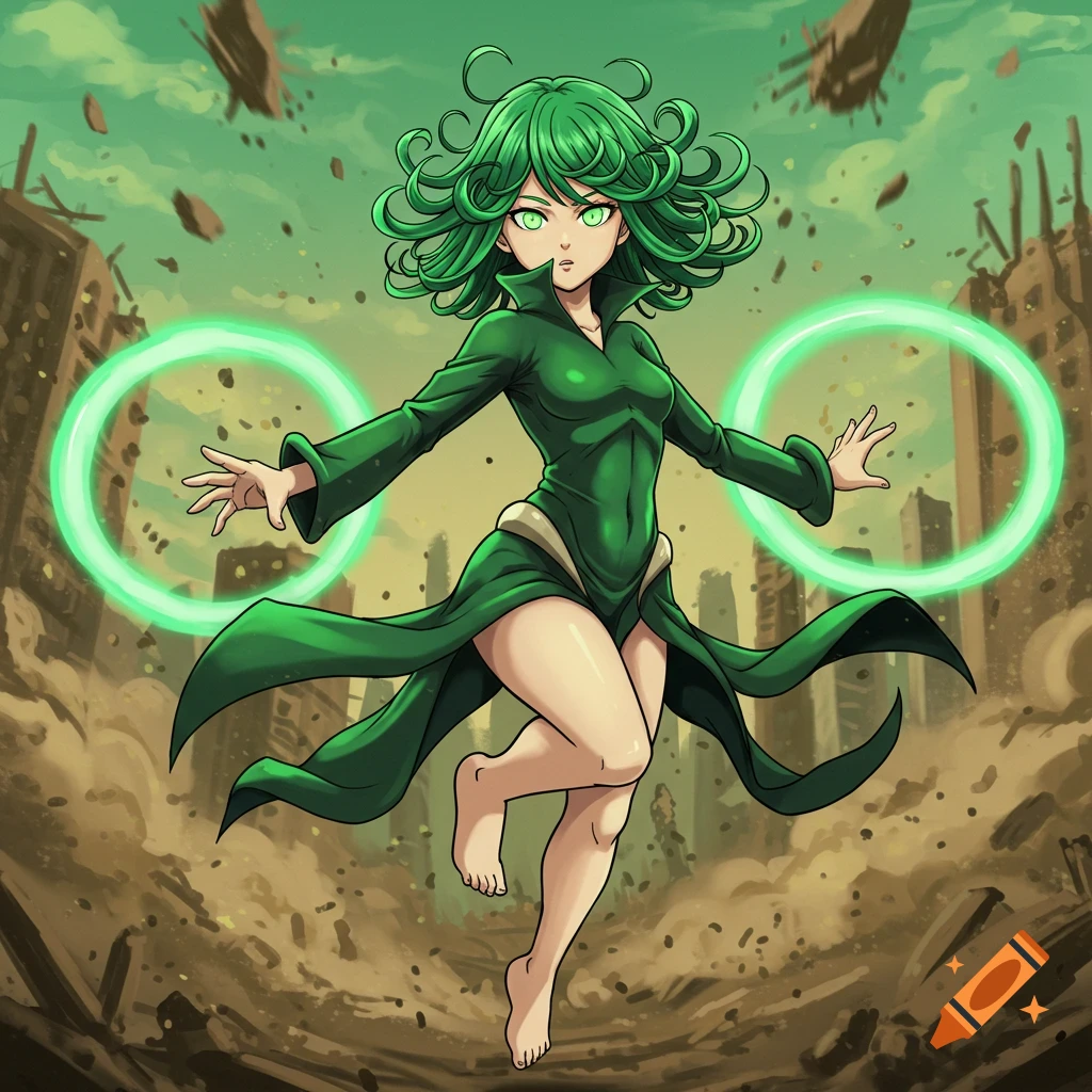 Anime character Tatsumaki with green hair and dress, floating amid a destroyed city with green energy rings around her hands.