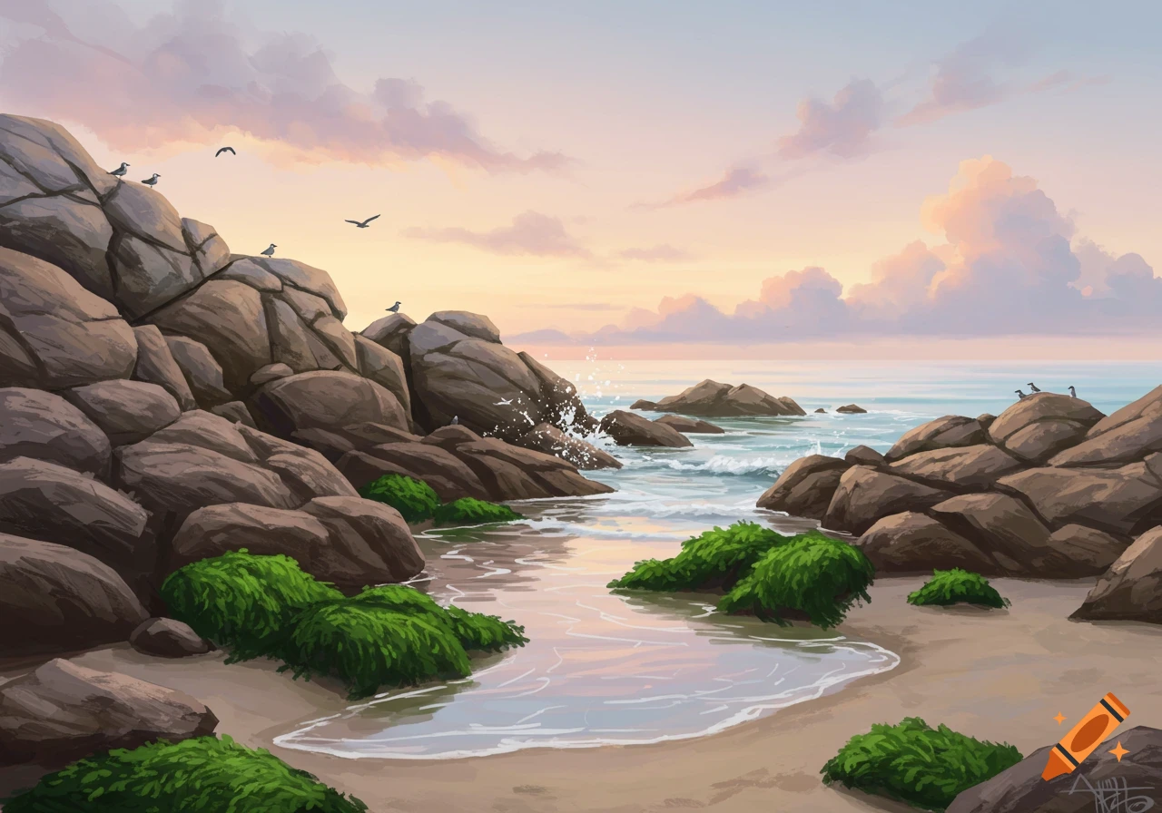 Stylized painting of a rocky beach at sunset with soft clouds, green mossy rocks, gentle waves, and birds.