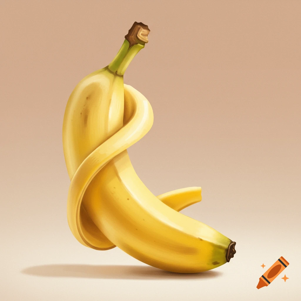 A realistic illustration of a yellow banana tied in a knot, standing upright on a light brown background.