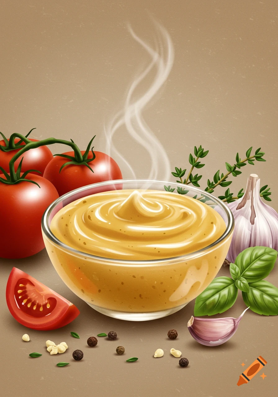 An illustration of a steaming bowl of yellow sauce, surrounded by fresh red tomatoes, garlic, basil, and peppercorns on a light brown background.