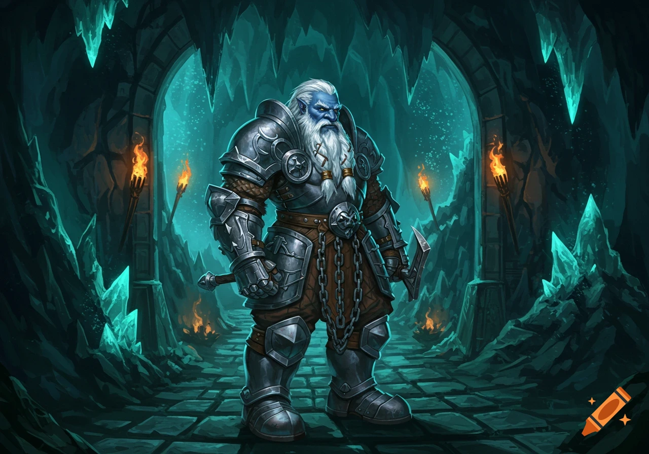 Blue-skinned dwarf with a white beard, clad in chain armor, stands in a glowing icy cave with torches, fantasy art style.