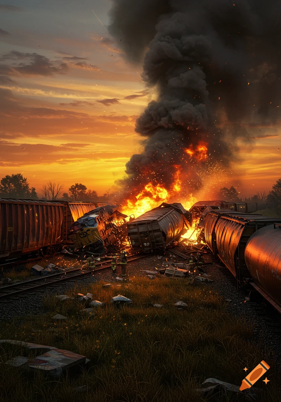 Photorealistic image of a fiery train derailment at sunset, with thick smoke rising from the wreckage and emergency personnel on site.