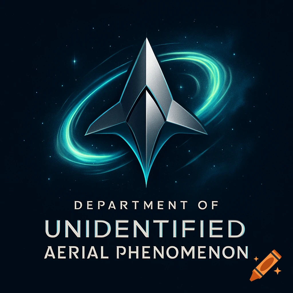 A stylized silver emblem resembling a star or arrow pointing up, with a swirling turquoise nebula and stars behind it. Below, text reads 'DEPARTMENT OF UNIDENTIFIED AERIAL PHENOMENON'.