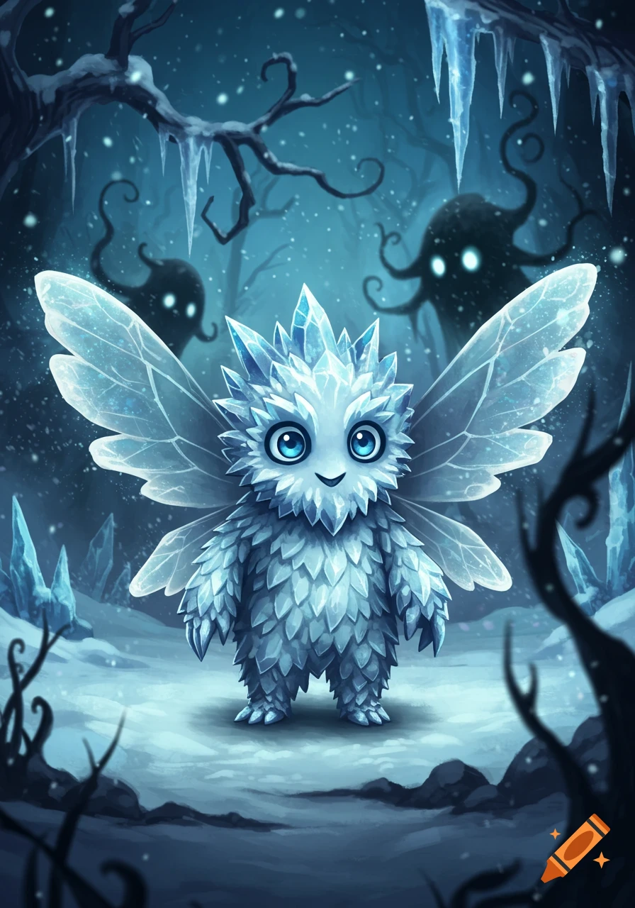 A cute ice creature with big blue eyes and crystal wings stands in a snowy, dark fantasy forest with icicles and shadowy figures.