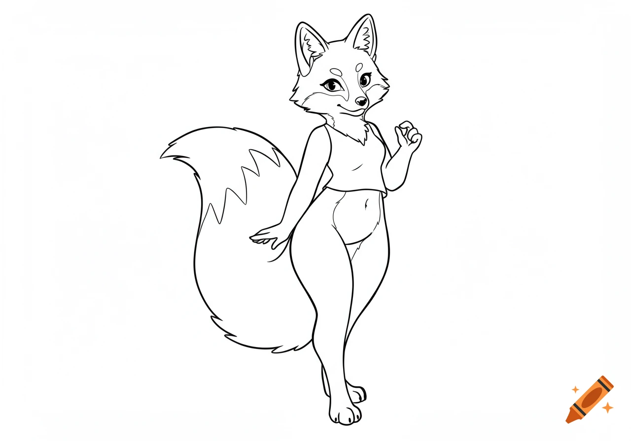 Black and white line art drawing of a cute anthro fox girl wearing a crop top and shorts, standing and posing.