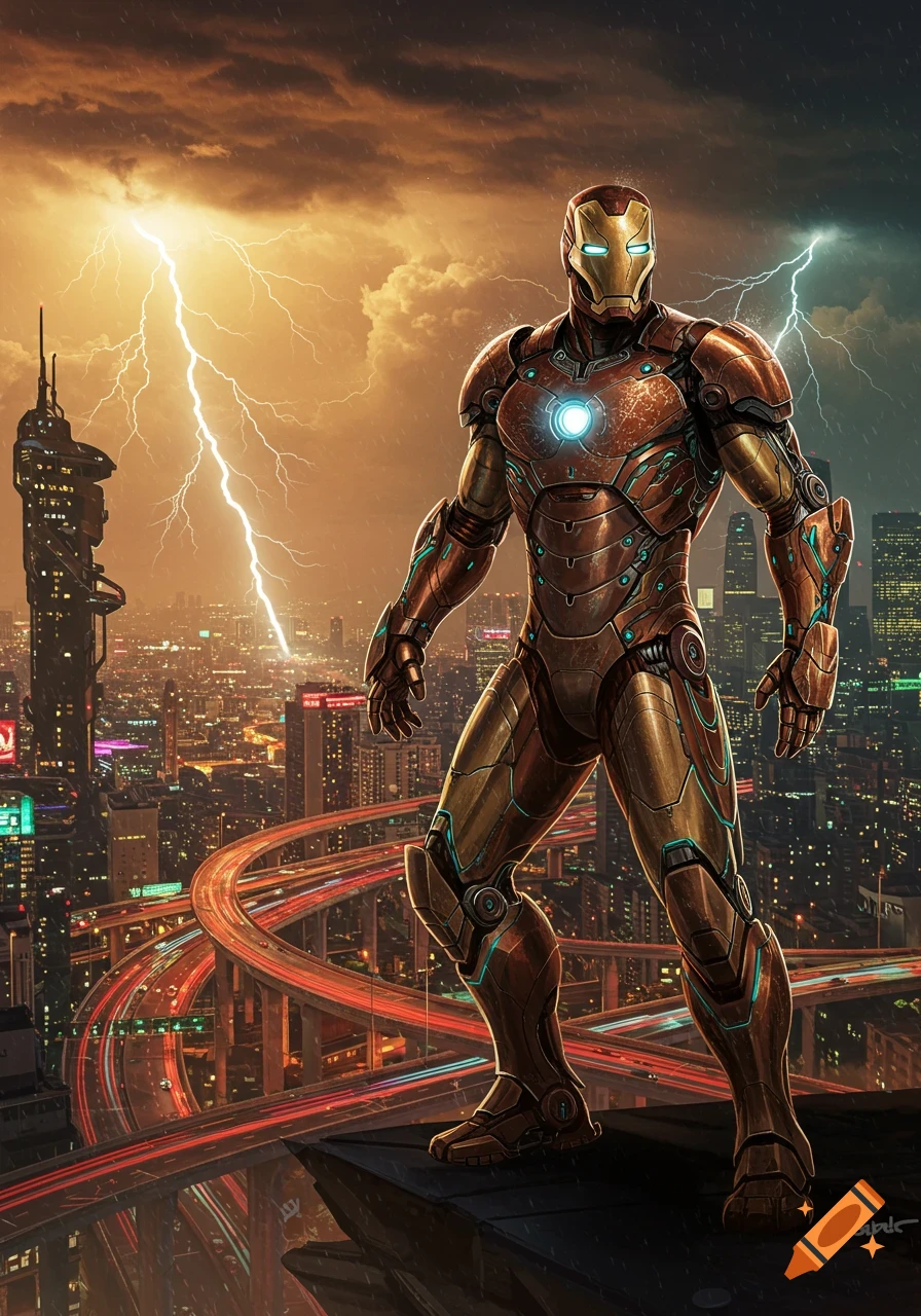 Iron Man in a detailed bronze suit stands on a skyscraper overlooking a futuristic city at night with lightning in the sky.