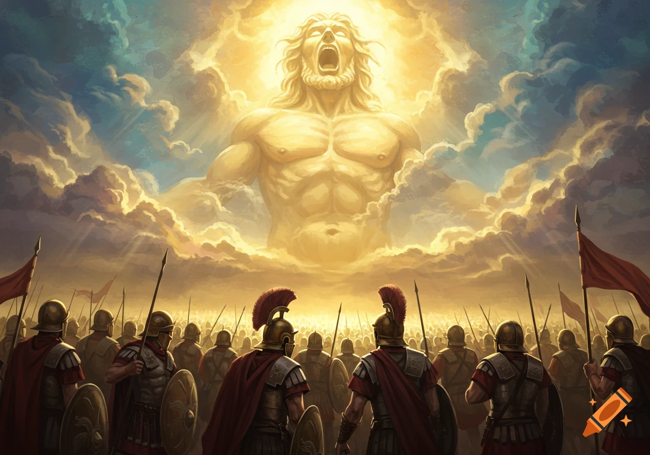 A colossal, glowing god-like figure shouts from the clouds above an army of Roman soldiers in an epic fantasy painting.