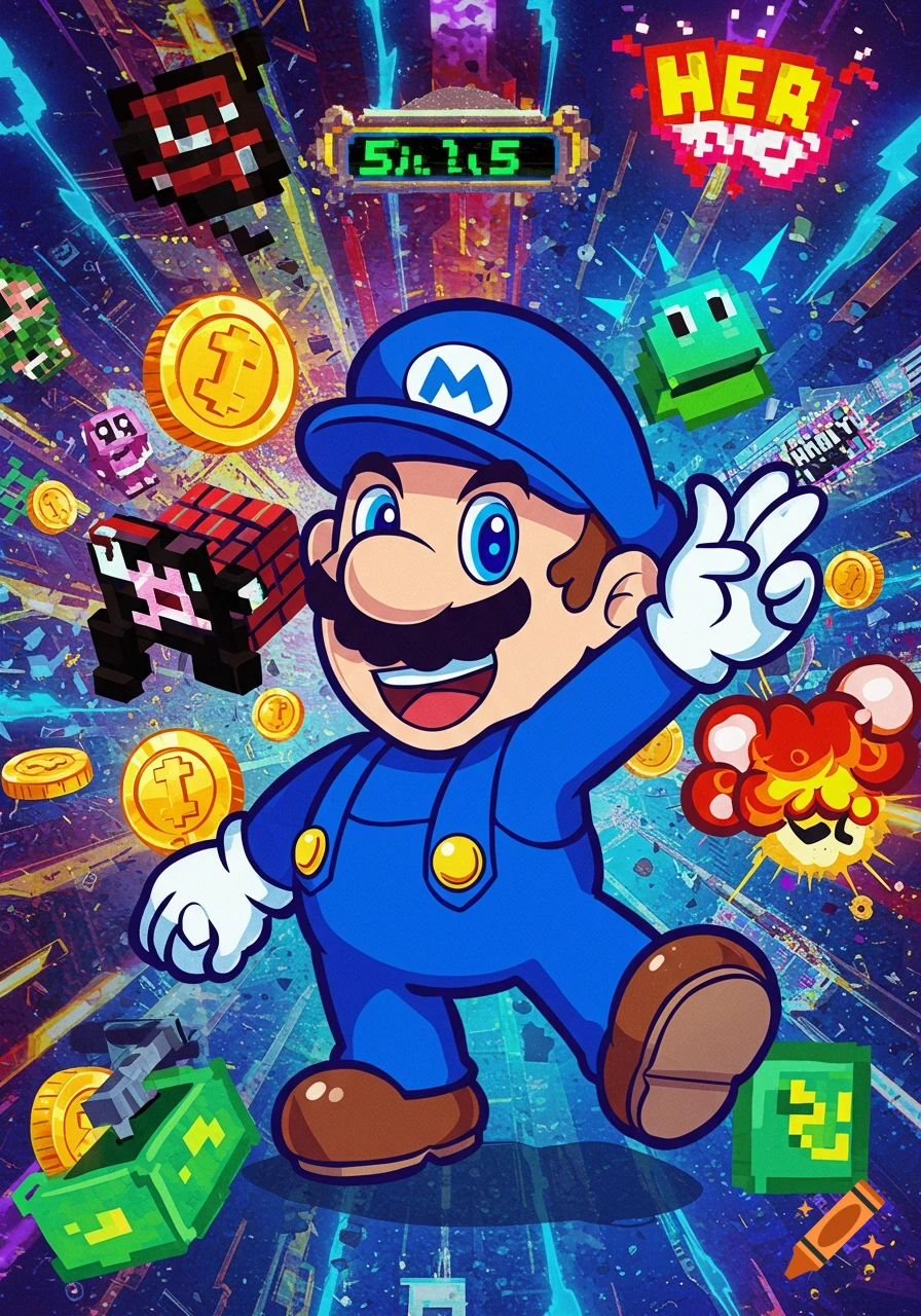 A blue-clad Mario-like character smiles, surrounded by pixelated video game elements like coins, blocks, and enemies, in a vibrant, dynamic style.