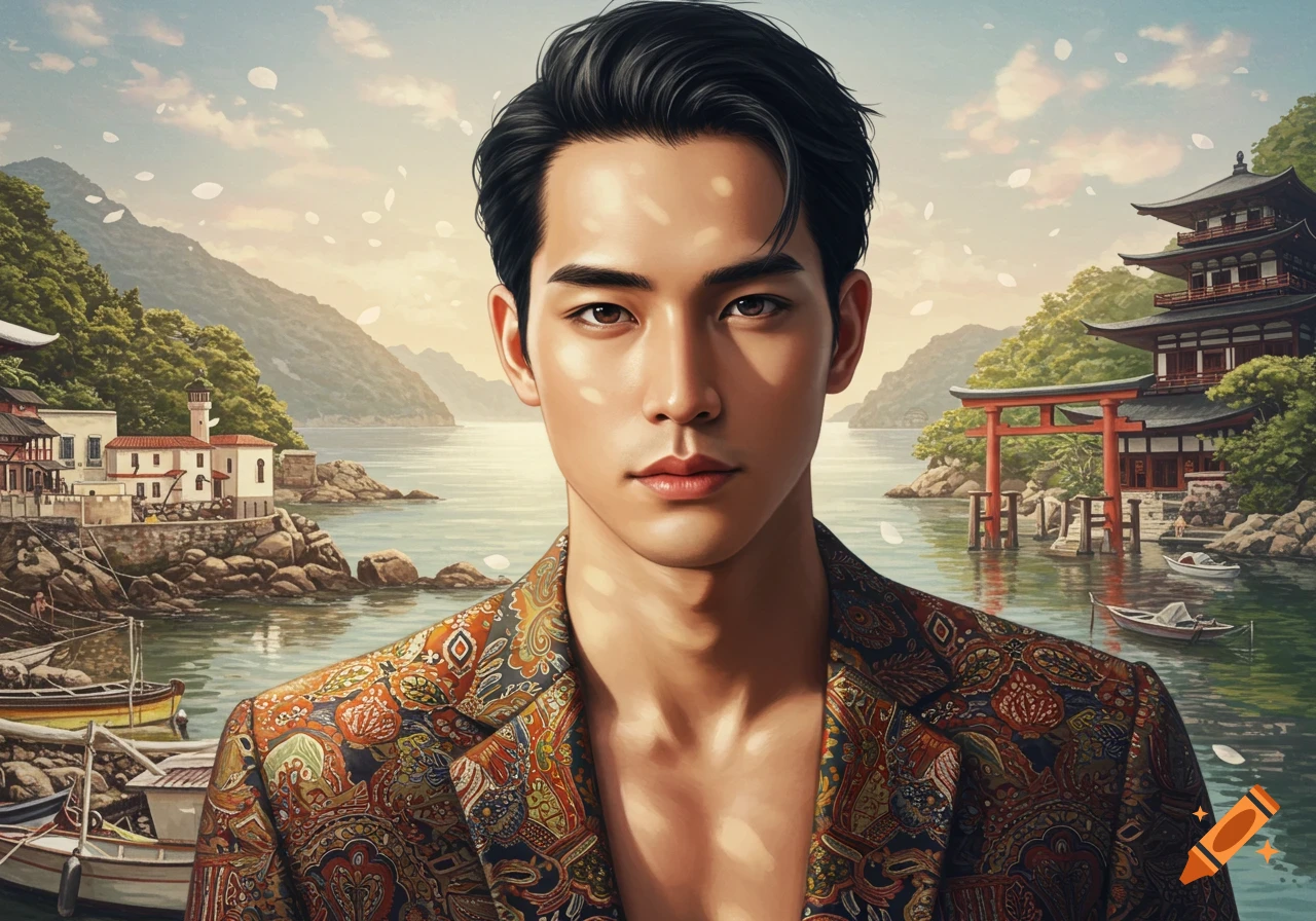 Young man in patterned blazer against a serene Japanese coastal landscape with mountains, buildings, and a torii gate.