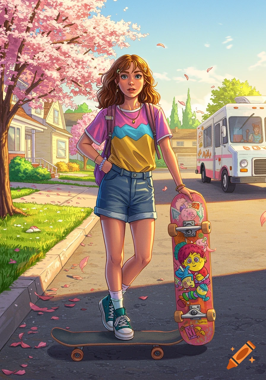 A cartoon girl with a backpack stands with her skateboard on a suburban street lined with cherry blossom trees and an ice cream truck in the background.