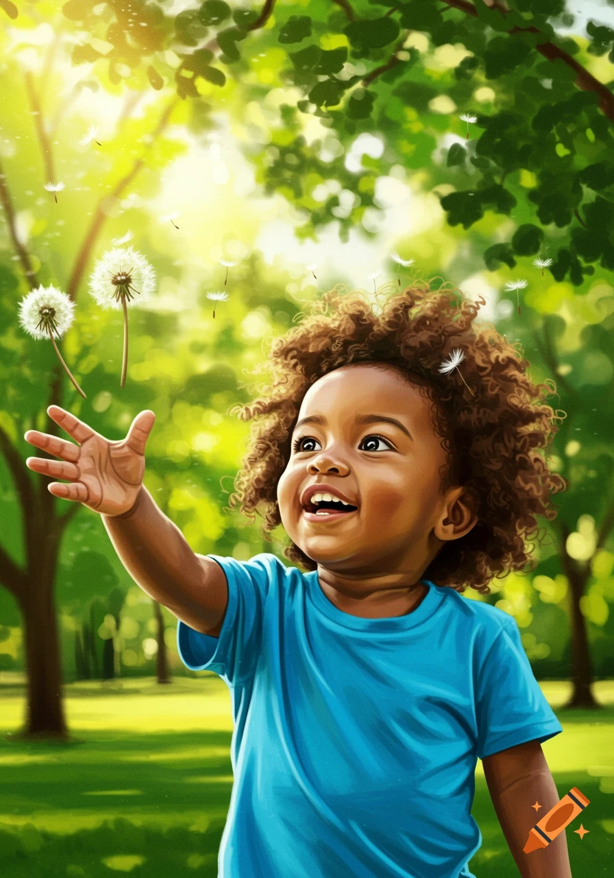 A joyful young Black child with curly hair and a blue shirt, reaching for dandelion seeds floating in a sunny green park. Digital illustration.