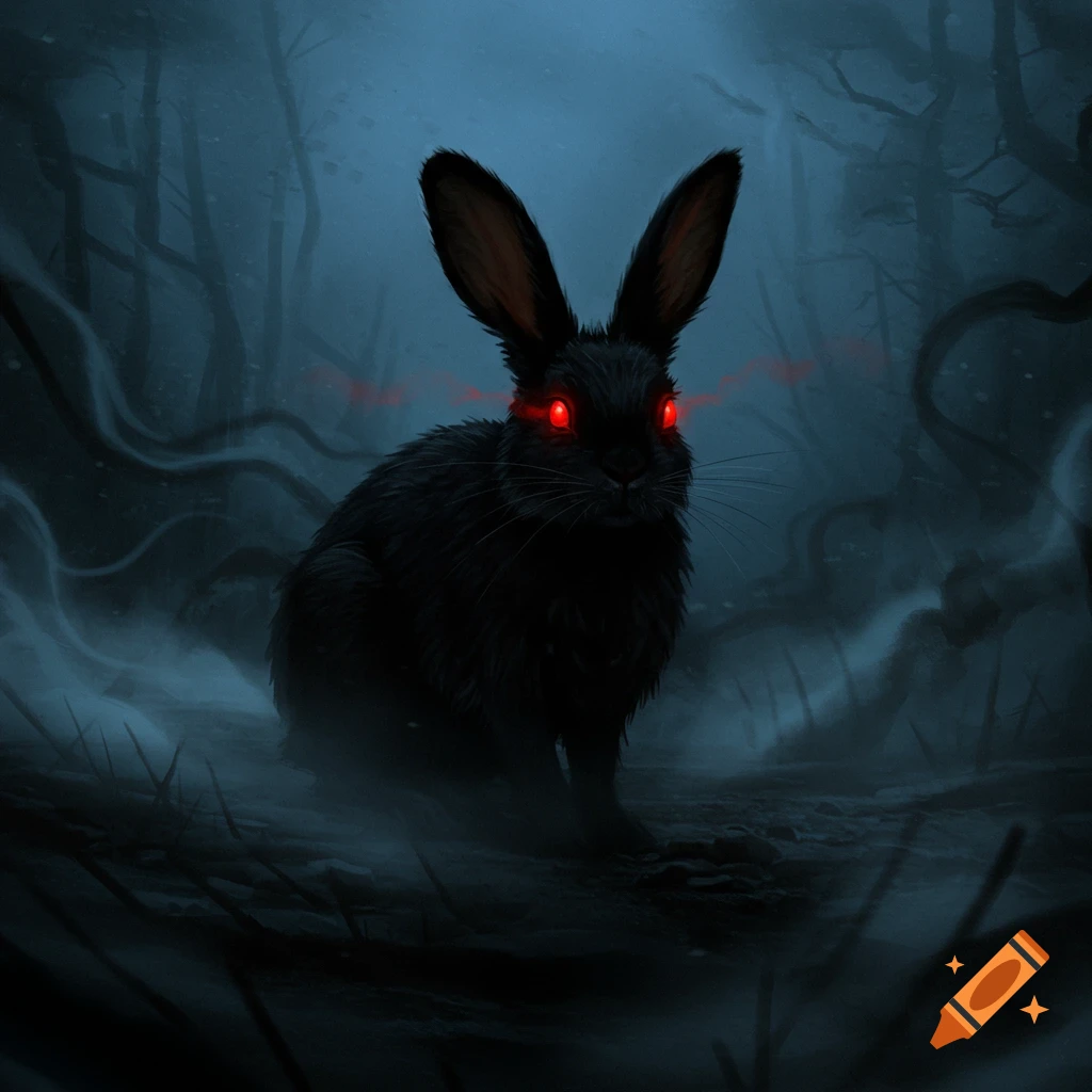 A dark, ominous black rabbit with glowing red eyes sits in a misty, shadowy forest at night, a ghostly and scary scene.