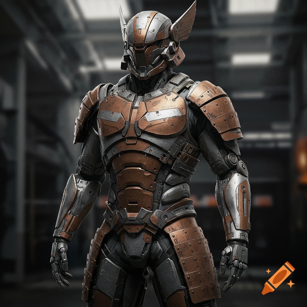 A futuristic robot in samurai-style copper and silver armor with a winged Viking helmet, standing in an industrial setting.