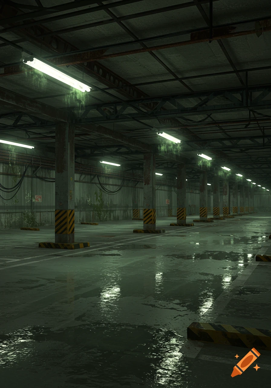 An eerie, abandoned, water-logged parking garage or warehouse with fluorescent lights, concrete pillars, and yellow-and-black hazard markings.