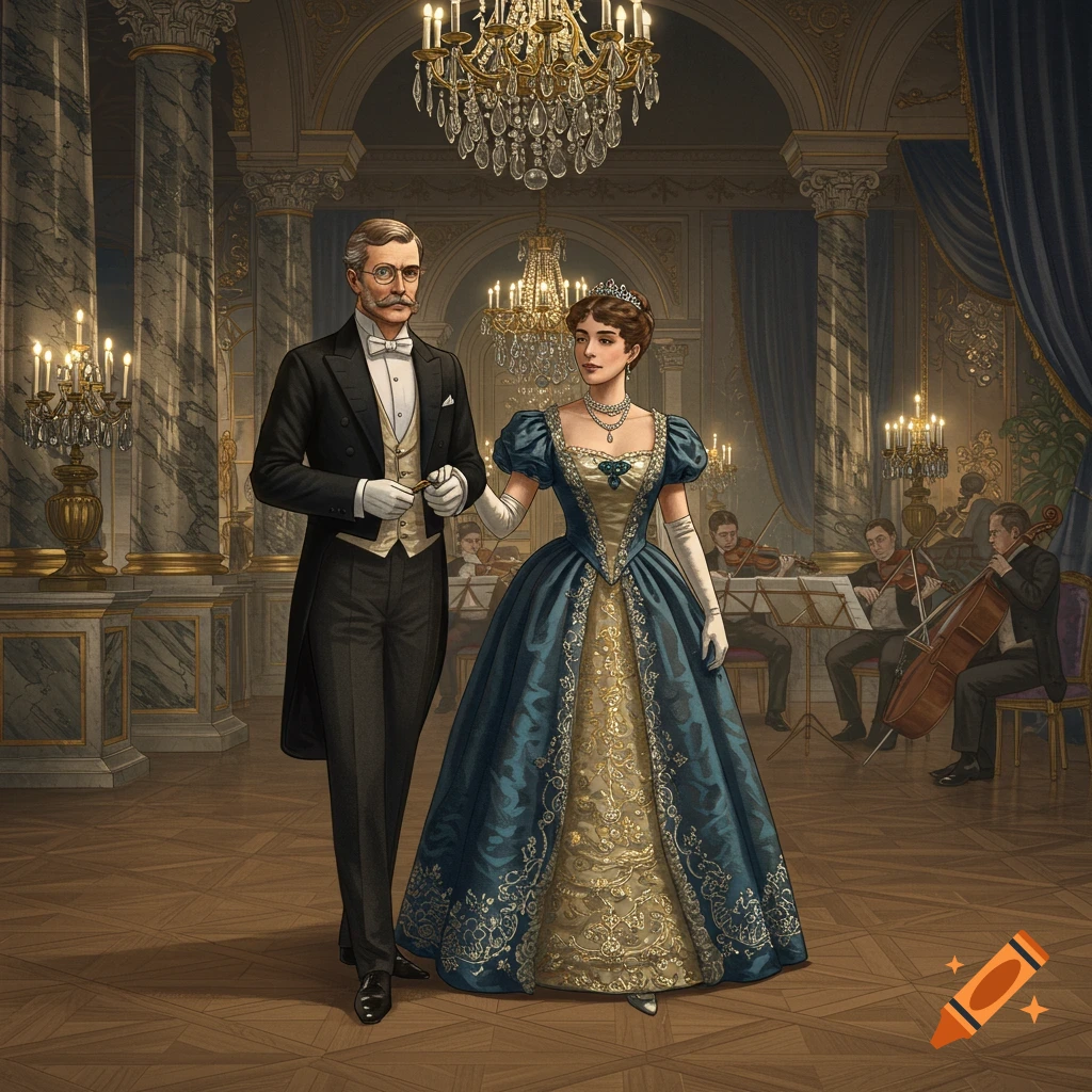 A formally dressed man and woman in a grand ballroom with chandeliers and musicians, depicted in a classical illustration style.